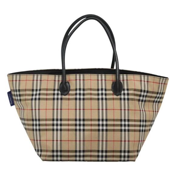 Burberrys Nova Check Blue Label Tote Bag Nylon Beige Silver Auth - Picture 8 of 16